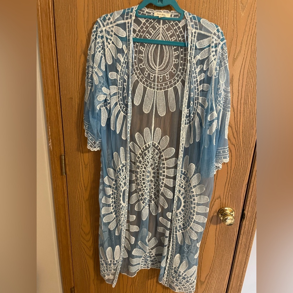 Rebellion Again Light Blue and White Lace Duster Kimono